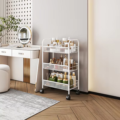 Modern Dressing Table with Three Tier White Metal Rolling Cart and Skincare Cosmetic Products 3d model