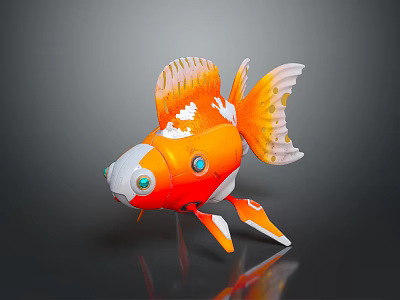 Mechanical Orange And White Goldfish With Glowing Eyes And Robotic Fins 3d model