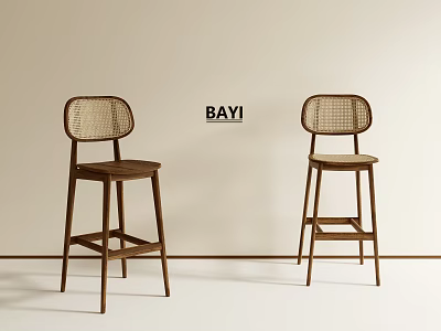 Minimalist Wooden Bar Stools With Rattan Backrest In Light Interior Space 3d model