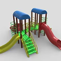 Colorful Playground Equipment with Blue Canopies Red Yellow Slides Green Spiral Ladder and Yellow Stairs