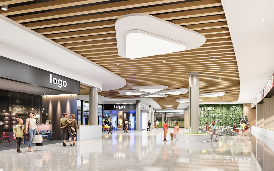 Spacious Modern Shopping Mall Lobby Interior With Wooden Ceiling Slats And Irregular White Light Fixtures 3d model 