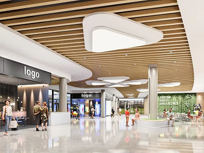 Spacious Modern Shopping Mall Lobby Interior With Wooden Ceiling Slats And Irregular White Light Fixtures 3d model