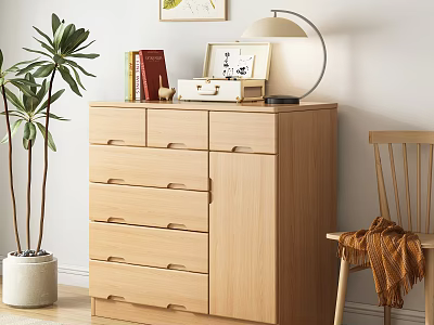 Light Wooden Chest of Drawers with Books Photo Frame Table Lamp Green Plant and Chair 3d model