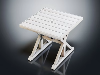 White Wooden Outdoor Side Table Featuring Slatted Top Cross Legs And Round Hole Detail 3d model