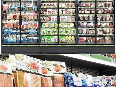 Supermarket Freezer Display With Well Stocked Various Frozen Foods And Organized Shelves 3d model