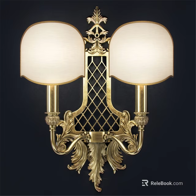 Ornate Classic Brass Wall Sconce With Double Shades And Lattice Design 3d model 