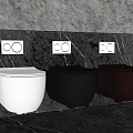 Modern Wall Mounted Toilets in White Black and Burgundy with Flush Buttons on Gray Wall