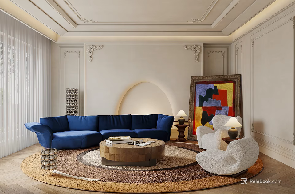 Modern Living Room Interior Design With Blue Sofa Round Coffee Table And Artwork 3d model 