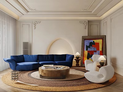 Modern Living Room Interior Design With Blue Sofa Round Coffee Table And Artwork 3d model