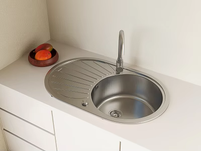 Stainless Steel Kitchen Sink With Faucet On White Countertop And Fruit Bowl 3d model