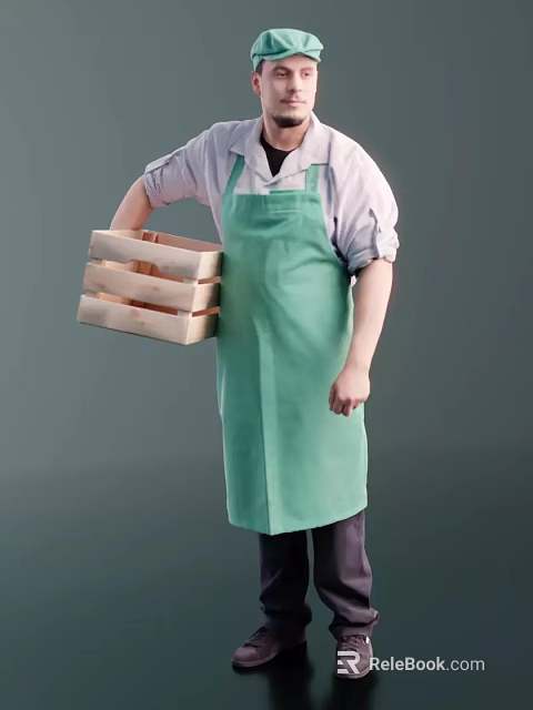 A Man In A Green Apron Holding Stacked Wooden Crates 3d model 