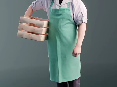 A Man In A Green Apron Holding Stacked Wooden Crates 3d model