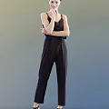 Stylish Woman In Black Sleeveless Jumpsuit Standing With Crossed Arms Against Gradient Blue Backdrop