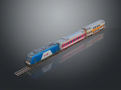 Colorful Model Train with Blue Locomotive Pink and Orange Carriages on Track with Reflection 3d model
