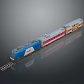 Colorful Model Train with Blue Locomotive Pink and Orange Carriages on Track with Reflection