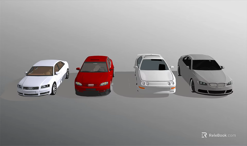 Four Different Colored Cars Including White Red And Silver Sedan Models 3d model 