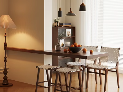 Long Wooden Dining Table Set With Stools Chairs Bowl Of Oranges Bookshelf And Pendant Lights 3d model