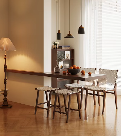Long Wooden Dining Table Set With Stools Chairs Bowl Of Oranges Bookshelf And Pendant Lights 3d model