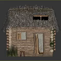 Log Cabin With Thatch Roof Log Walls Small Window Open Door Grass And Wooden Stool