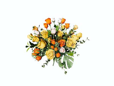 Beautiful Mixed Flower Bouquet With Yellow Orange White Roses And Green Leaves 3d model