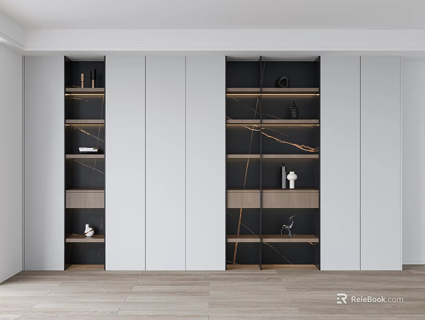 Modern Built In Bookcase With White Cabinet Doors And Black Shelves Decorative Items 3d model 