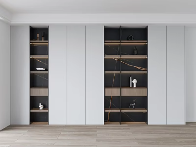 Modern Built In Bookcase With White Cabinet Doors And Black Shelves Decorative Items 3d model