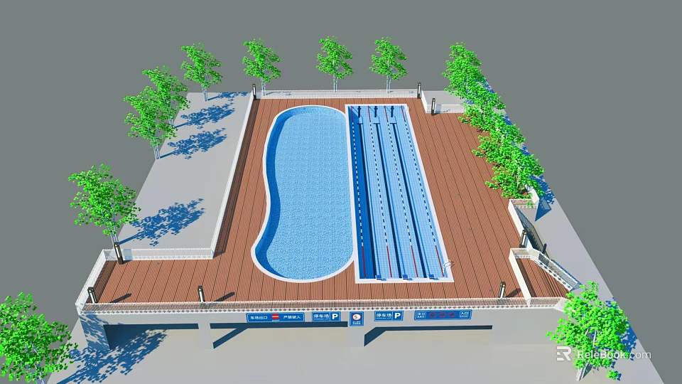 Fun Outdoor Water Park Area With Pool Slides Wooden Deck And Trees 3d model 