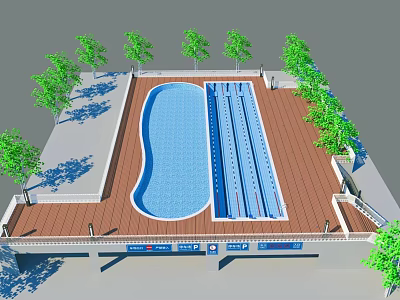 Fun Outdoor Water Park Area With Pool Slides Wooden Deck And Trees 3d model