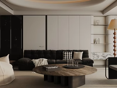 Modern Living Room Interior With Black Sofa Round Coffee Table Floor Lamp Bookshelves And Cabinets 3d model
