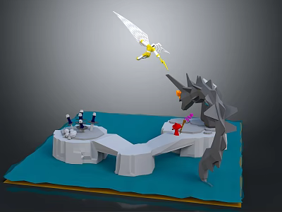 Unicorn Sculpture With Winged Figure Elements On White Platforms And Blue Base 3D Carving Scene 3d model