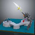Unicorn Sculpture With Winged Figure Elements On White Platforms And Blue Base 3D Carving Scene