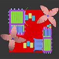 Vibrant Cartoon Scene With Pink Palm Trees Purple Buildings Green Roofs And Red Ground