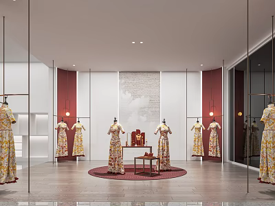 Elegant Bridal Shop Interior With Wedding Dress Mannequins Round Carpet And Warm Lighting 3d model