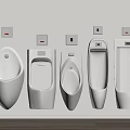 Various Designed Urinals Mounted on White Wall with Wooden Floor Background