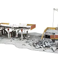 Damaged Gas Station Structure With Collapsed Roof And Scattered Debris On Ground