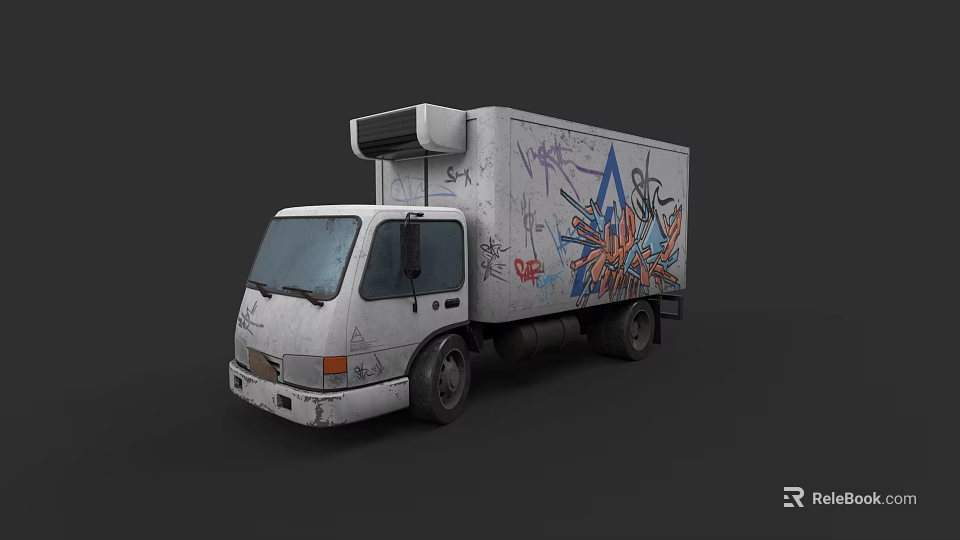 White Box Truck With Colorful Graffiti And Roof Air Conditioner Unit 3d model 