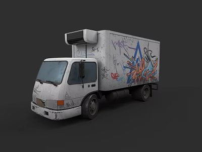 White Box Truck With Colorful Graffiti And Roof Air Conditioner Unit 3d model