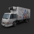 White Box Truck With Colorful Graffiti And Roof Air Conditioner Unit