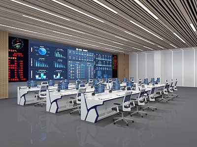 Modern Control Room With Large Screens Data Charts Multiple Control Desks Computers And Office Chairs 3d model