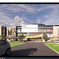 Modern Commercial Complex With Glass Facade Parking Areas And Basketball Court
