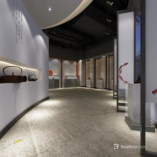 Modern Exhibition Space With Curved White Walls Teapots On Display Shelves And Wooden Accents 3d model 