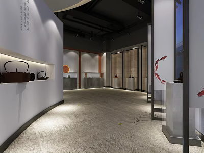 Modern Exhibition Space With Curved White Walls Teapots On Display Shelves And Wooden Accents 3d model