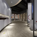 Modern Exhibition Space With Curved White Walls Teapots On Display Shelves And Wooden Accents