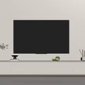 White TV Stand With Large Screen TV Green Plant Books Fruits And Incense Sticks