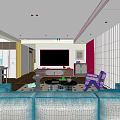 Warm Bright Modern Living Room With Wooden Furniture Large TV And Comfortable Sofa Arrangement