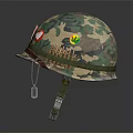 Camouflage Military Helmet With Decorative Stickers And Bullet Belt Accents