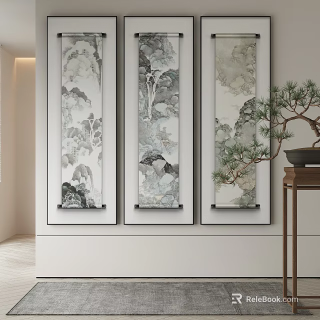 Three Abstract Scroll Paintings In Chinese Style Interior With Bonsai 3d model