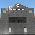 Gray Concrete Entrance Gate With Top Emblem White Square Decorative Structures And Stone Pavement