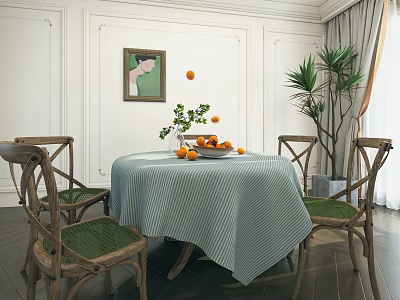 Round Dining Table Set With Striped Tablecloth Fruits Plants And Wooden Chairs With Woven Seats 3d model