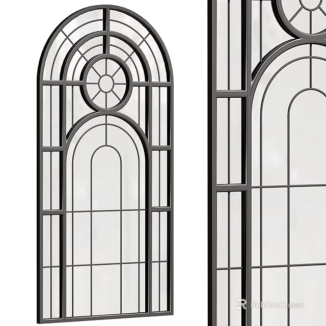 Modern Floor-to-Ceiling Windows With Arched Design Black Frames And Grid Panes 3d model 